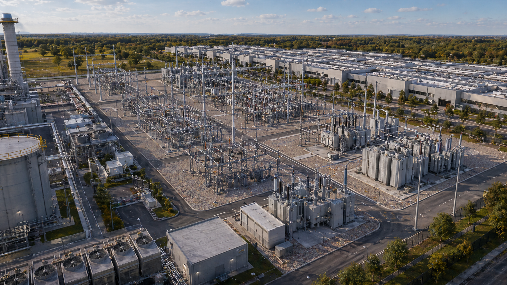 Aerial view of an electrical substation with data center buildings in the background