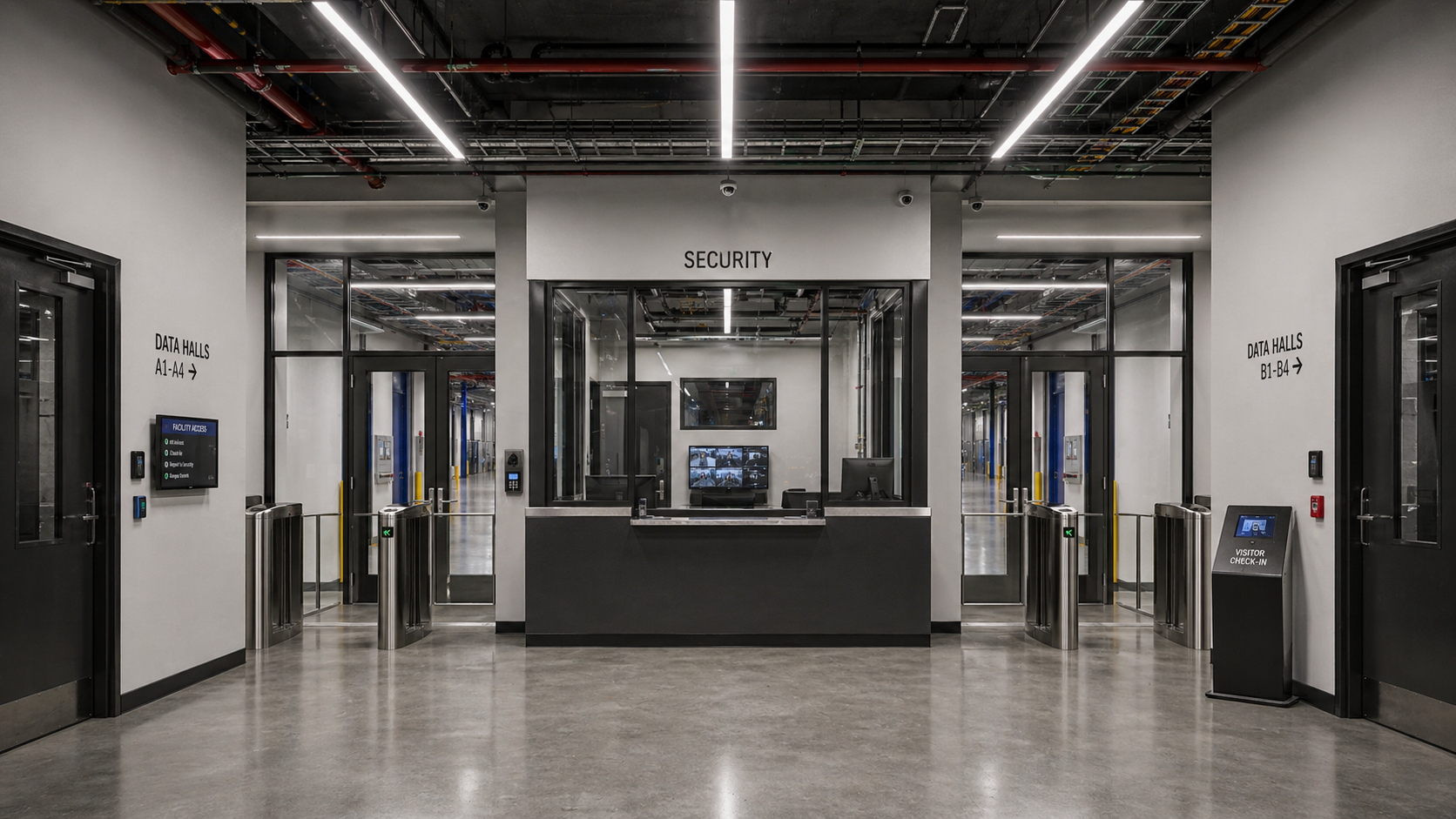 Security checkpoint interior with turnstiles and data hall access corridors