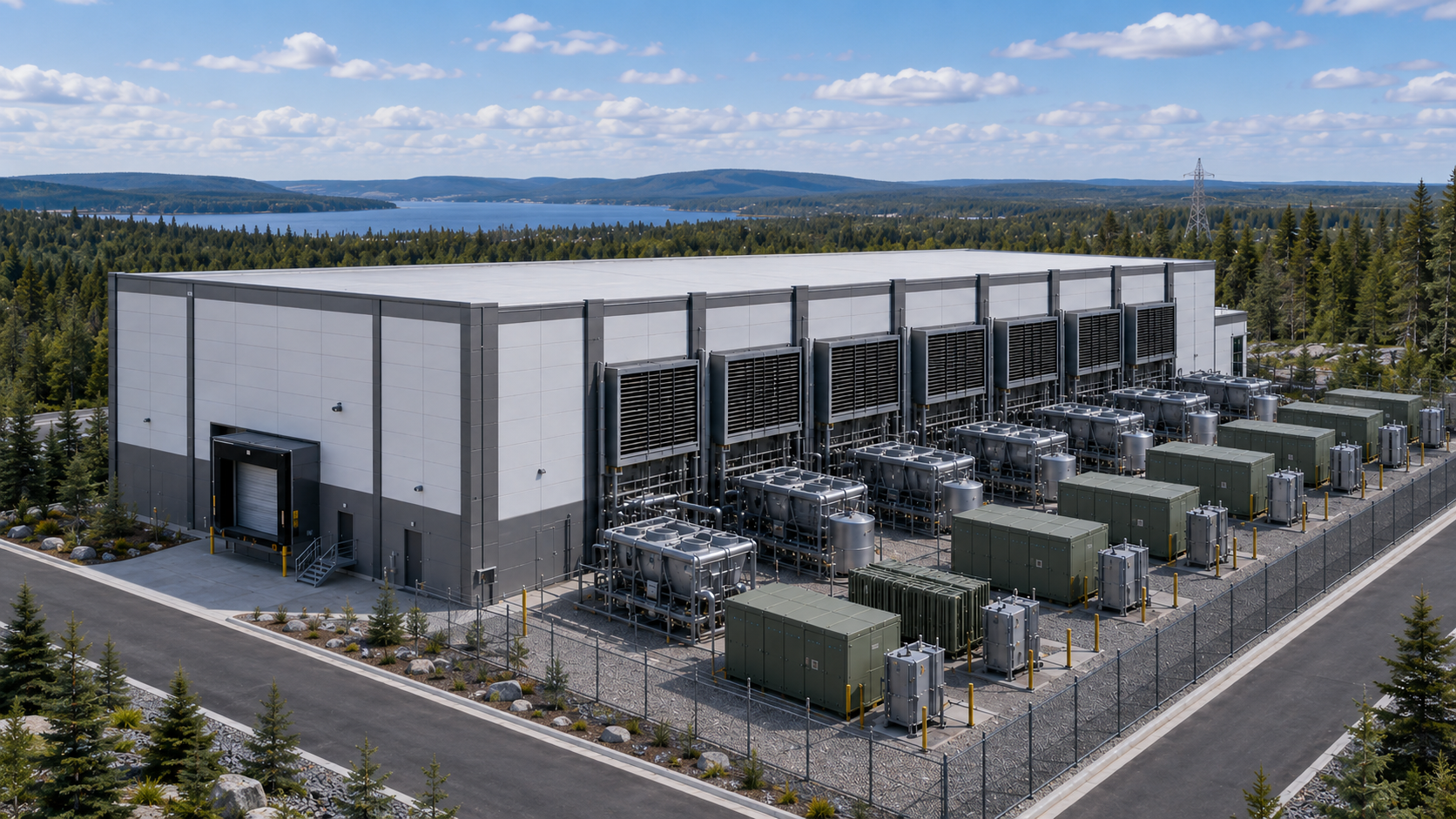 Aerial render of a Sovereign Shield ECC pre-engineered data center building showing exterior cooling towers, modular UPS units, transformers, and containerized power equipment in the yard, with boreal forest, hydro reservoir, and a transmission tower in the background