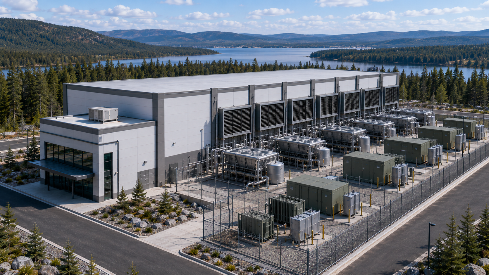 Aerial render of a Sovereign Shield ECC pre-engineered data center building with exterior cooling towers, UPS units, transformer pads, and containerized power equipment behind security fencing, with boreal forest, a large lake, and mountain ridgeline in the background