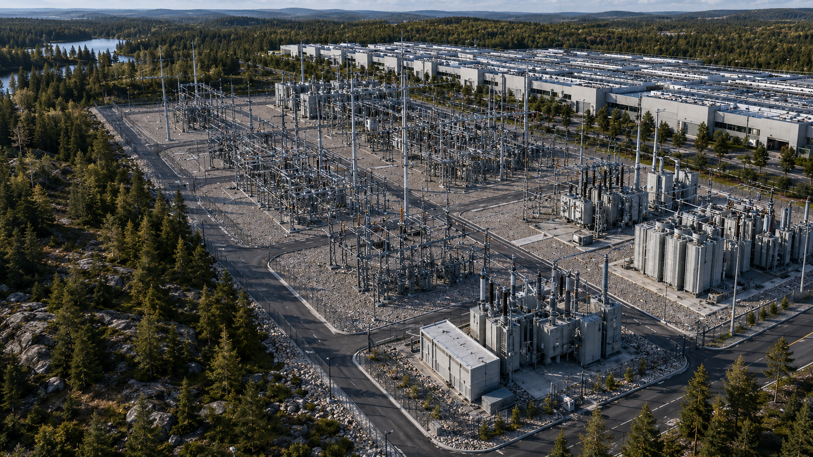 Aerial photograph of a GW-scale campus electrical switchyard showing high-voltage transformers, circuit breakers, bus bars, and transmission infrastructure on a gravel pad, bordered by boreal forest, with a hyperscale data center campus visible in the upper right background