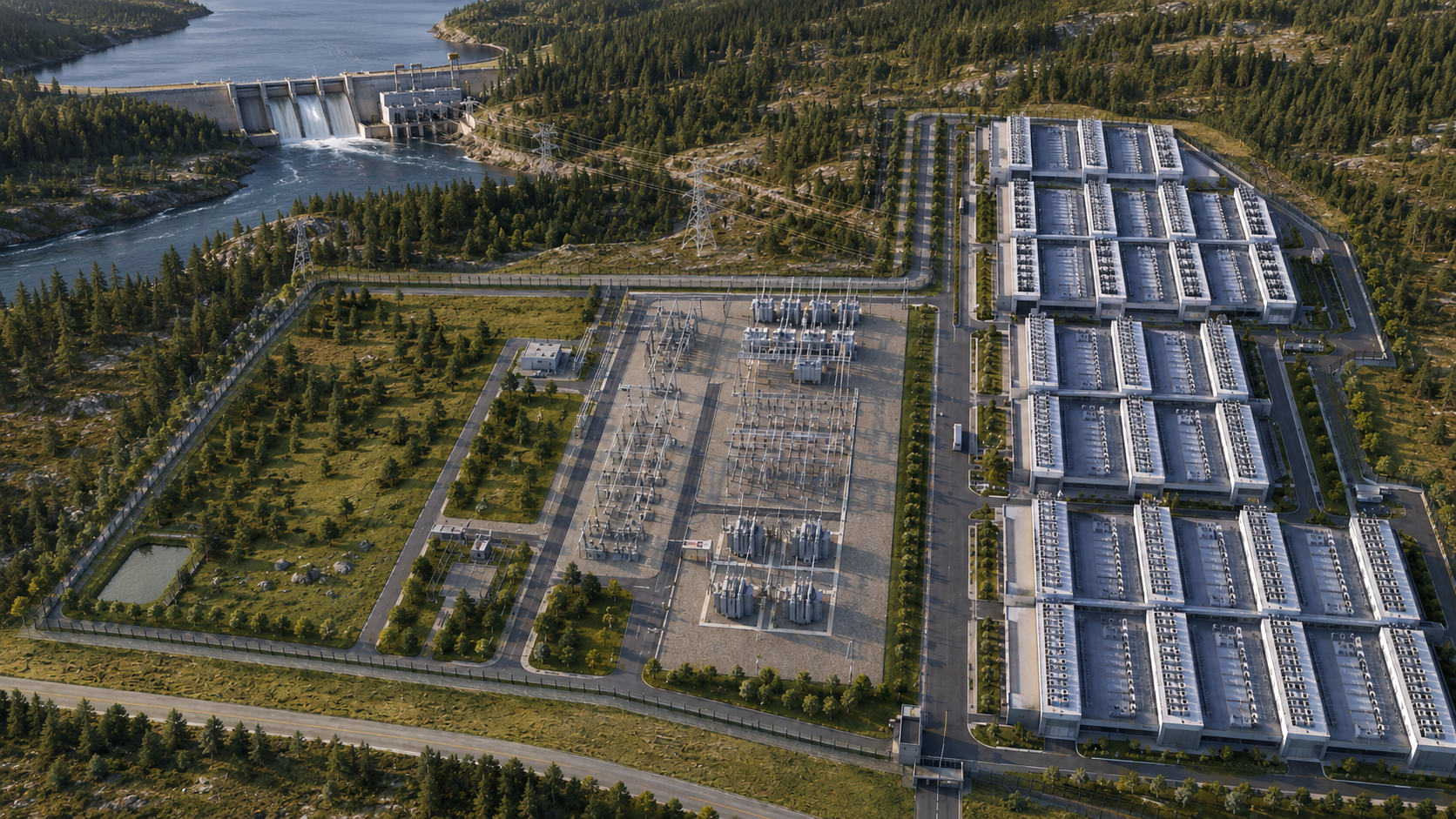 Aerial render of Sovereign Shield ECC showing a hydroelectric dam with transmission towers delivering behind-the-meter power to an electrical switchyard, with rows of pre-engineered data center buildings set within a perimeter-secured Canadian boreal forest campus