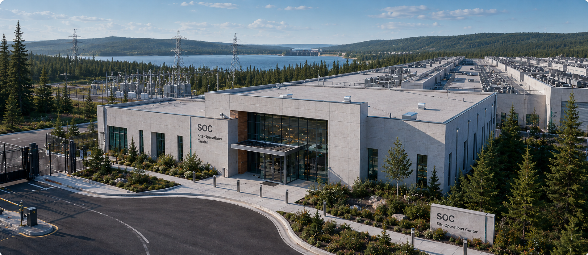 Aerial view of the Sovereign Shield ECC Site Operations Center building with security gate, electrical switchyard, transmission towers, hydro reservoir, and rows of data center buildings in the background