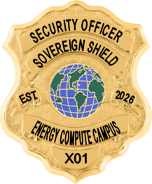 Sovereign Shield Energy Compute Campus Security Officer Badge — gold shield with globe, EST. 2026